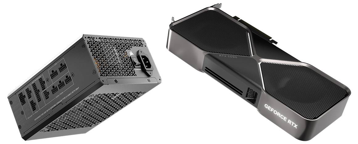Un'unità di alimentazione per computer e una scheda grafica sono mostrati, entrambi con design eleganti e il logo 'GeForce RTX' sulla scheda grafica.