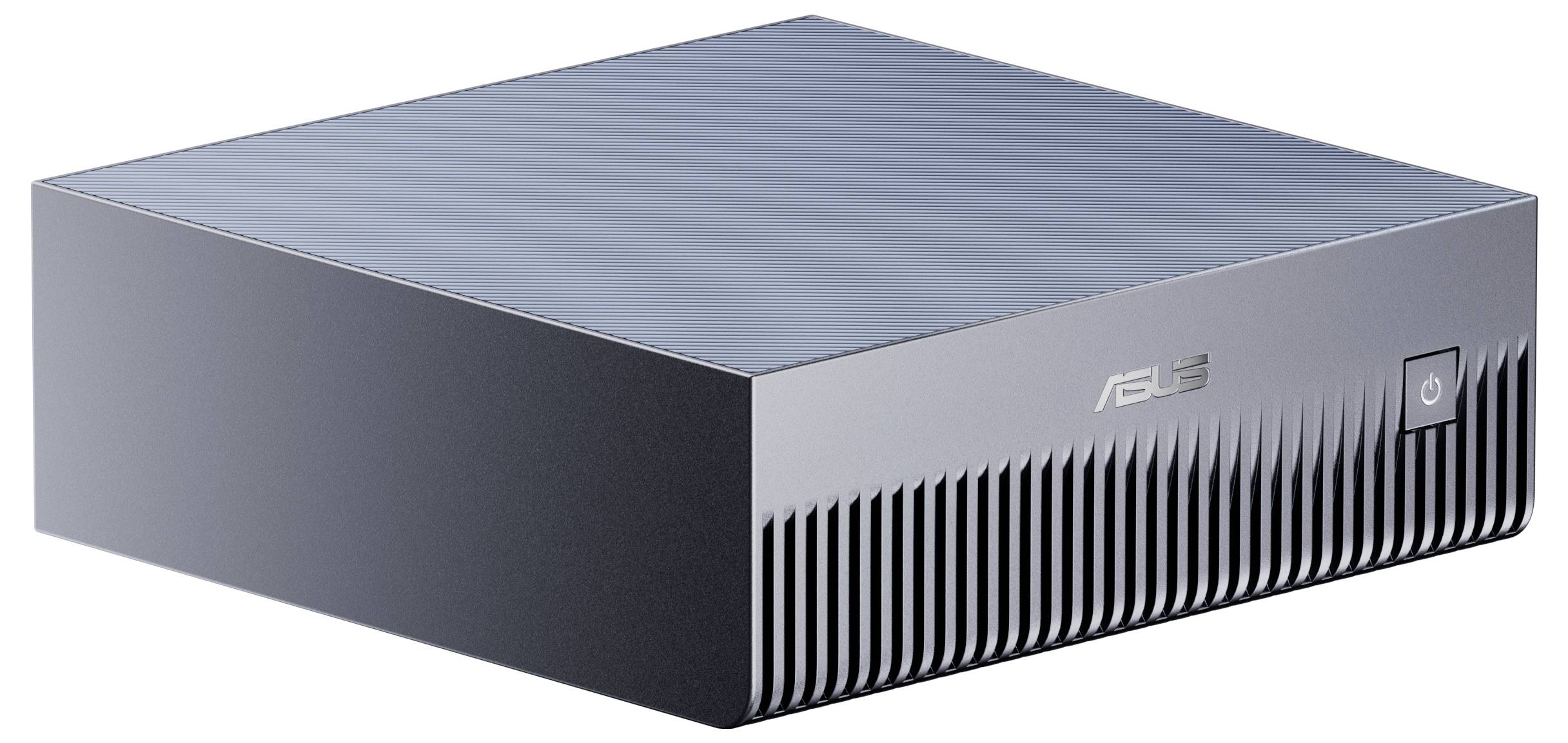 Un piccolo computer ASUS quadrato, nero opaco con un top riflettente. Presenta un pulsante di accensione sul lato frontale.