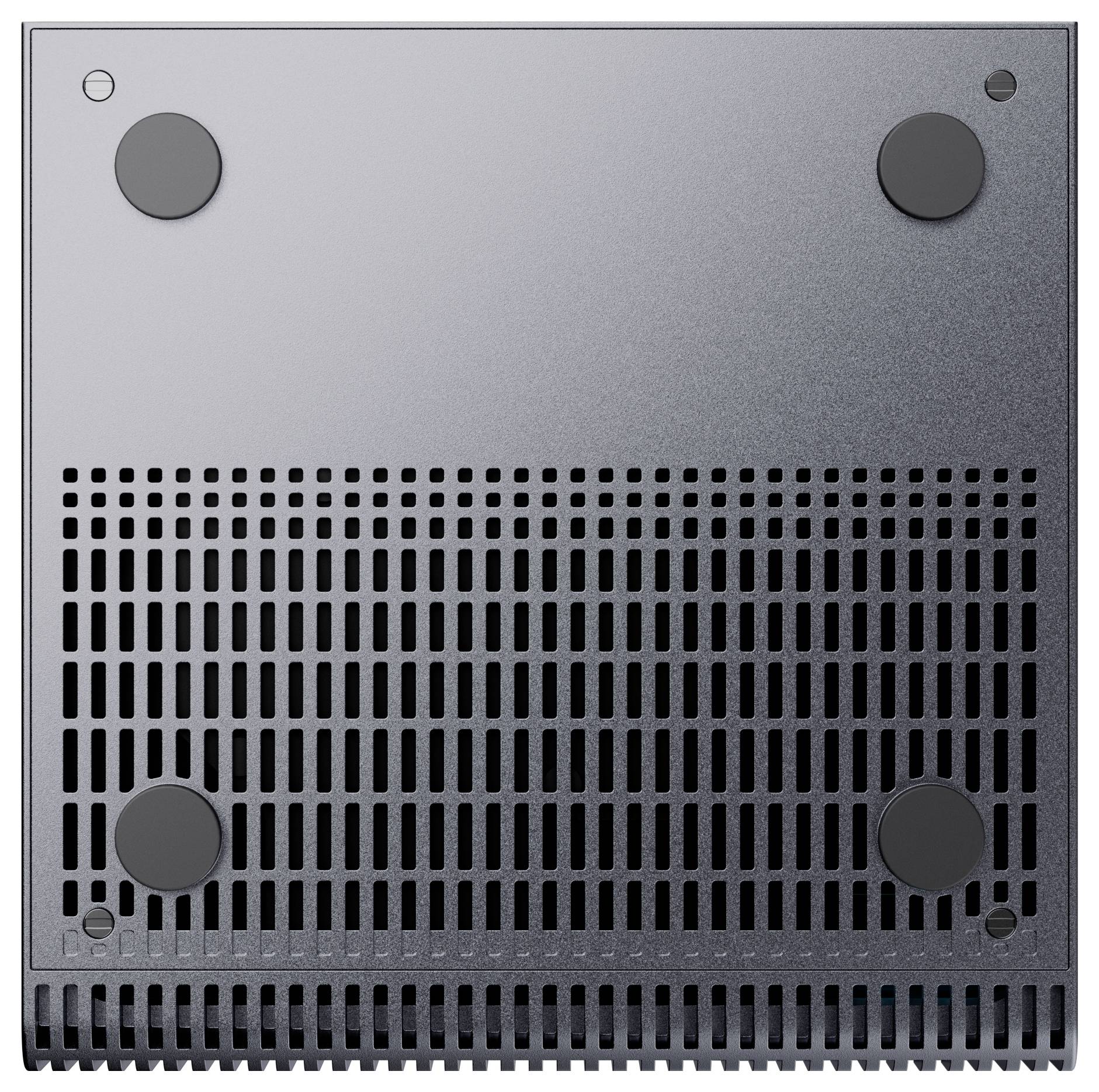 L'immagine mostra il lato inferiore di un dispositivo elettronico rettangolare con quattro piedini in gomma e un'ampia sezione ventilata per il raffreddamento.