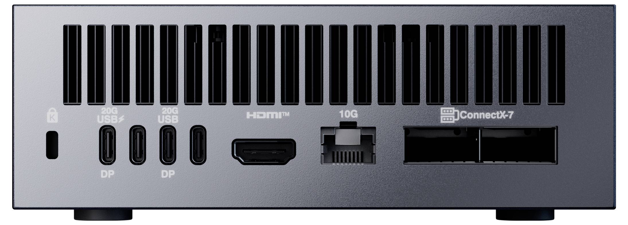 'Vista posteriore del dispositivo elettronico che mostra due porte USB4 da 200G, tre DisplayPort, HDMI, Ethernet 10G e due slot ConnectX-7.'
