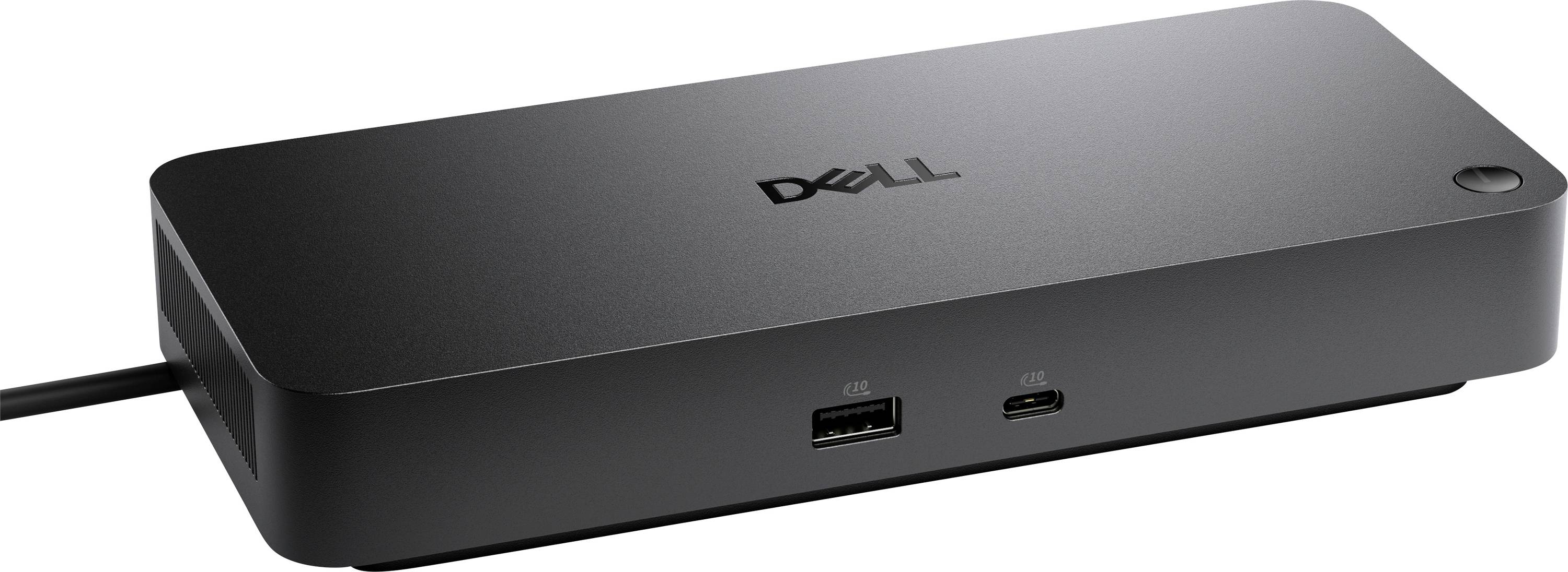 Una stazione di aggancio nera Dell con porte per la connettività USB e alimentazione, utilizzata per collegare un laptop a più dispositivi e periferiche.