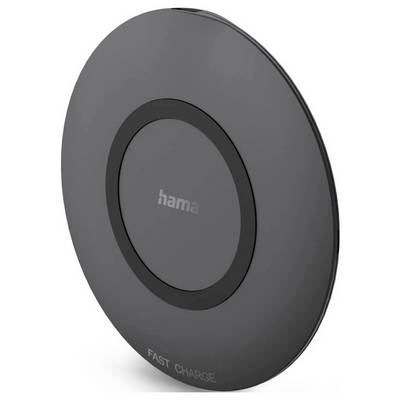 Un pad di ricarica wireless rotondo nero con etichetta 'Hama' al centro e 'Fast Charge' in basso, su uno sfondo bianco.
