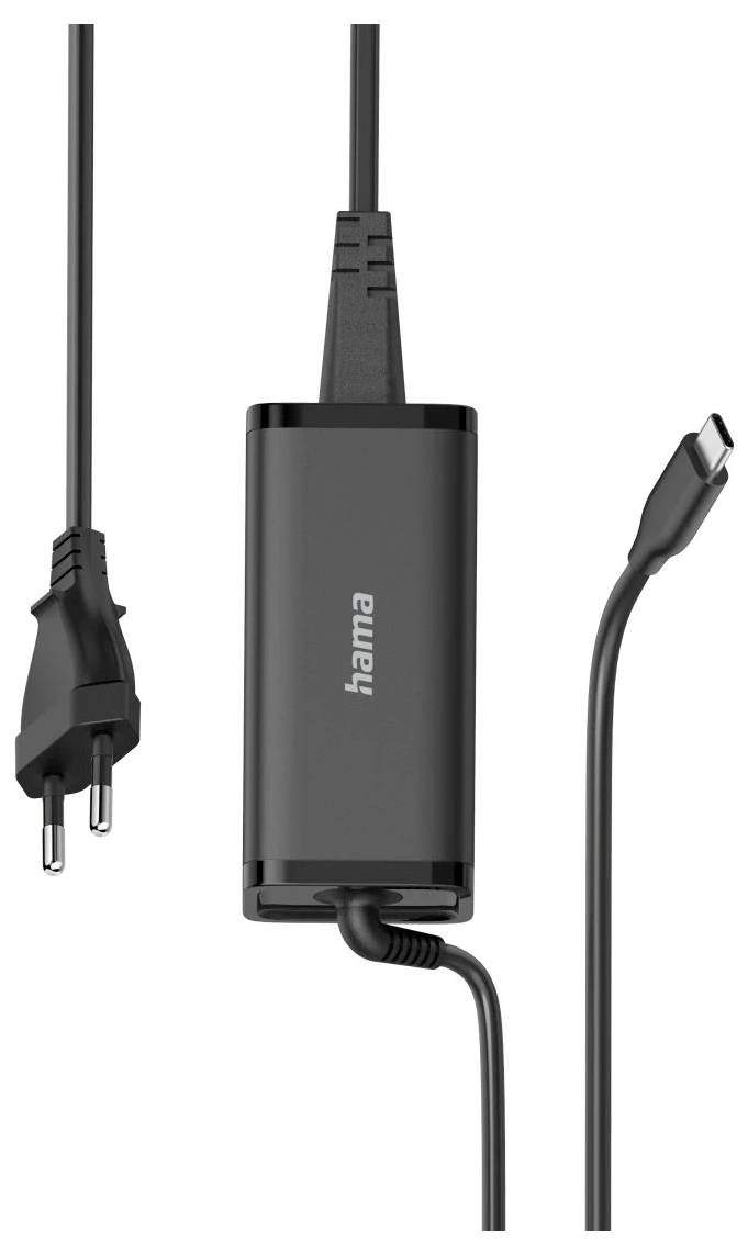 Un adattatore di alimentazione per laptop Hama nero con una spina europea su un'estremità e un connettore USB-C sull'altra, mostrato su uno sfondo neutro.