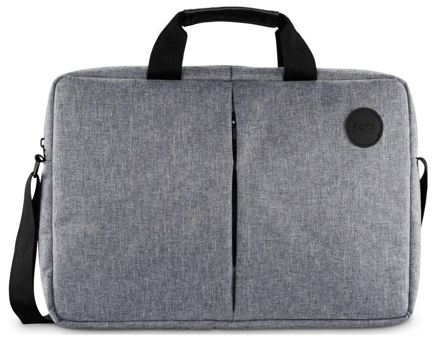 Una borsa per laptop in tessuto grigio con cinghia a tracolla e due manici, che presenta un logo nero rotondo nell'angolo superiore destro.