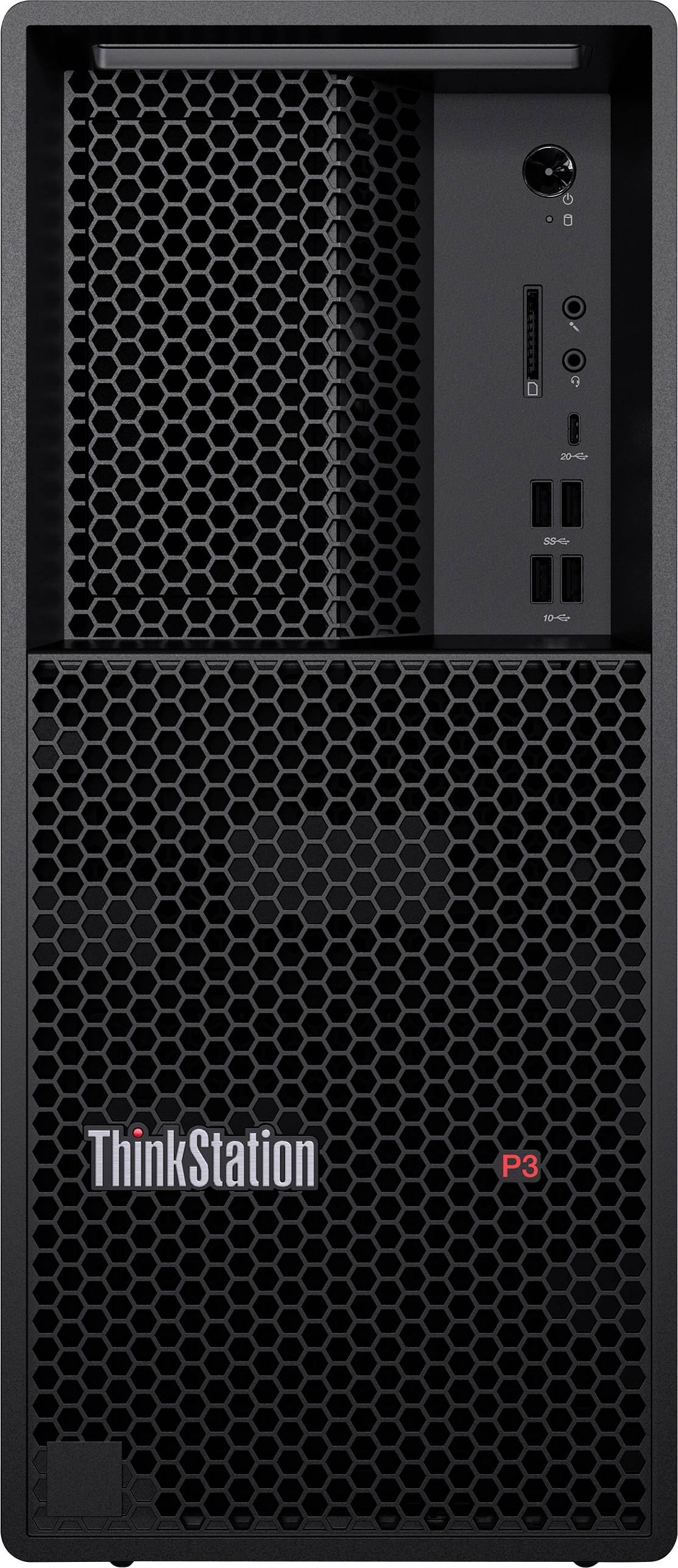 Una torre del computer nero ThinkStation P3 con un pannello anteriore a rete che presenta porte USB e un jack audio in alto a destra, e un logo.
