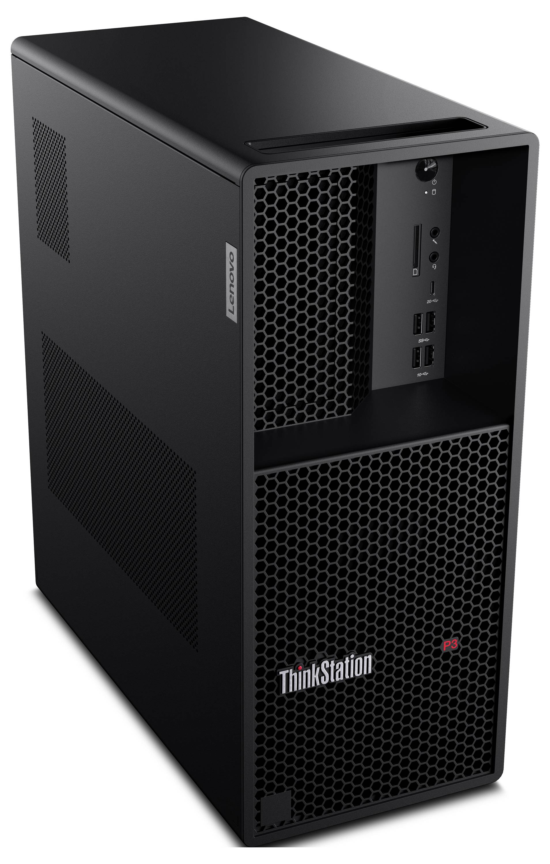 Una torre del computer Lenovo ThinkStation P5 nera con porte USB frontali e griglie di ventilazione, vista da un angolo laterale frontale.