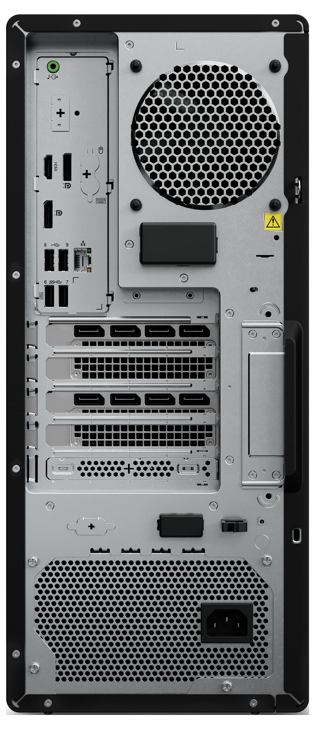 L'immagine mostra il pannello posteriore di una torre per computer con varie porte, tra cui USB, HDMI e audio, nonché griglie di ventilazione.