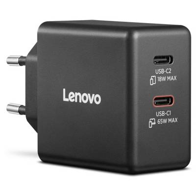 L'immagine mostra un caricabatterie USB dual-port nero Lenovo con due porte USB-C etichettate 'USB-C2 18W MAX' e 'USB-C1 65W MAX.'