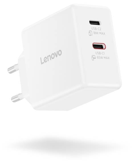 Caricabatterie Lenovo bianco con due porte USB: 'USB-C2 18W MAX' e 'USB-C1 65W MAX'. La spina include due spinotti rotondi.
