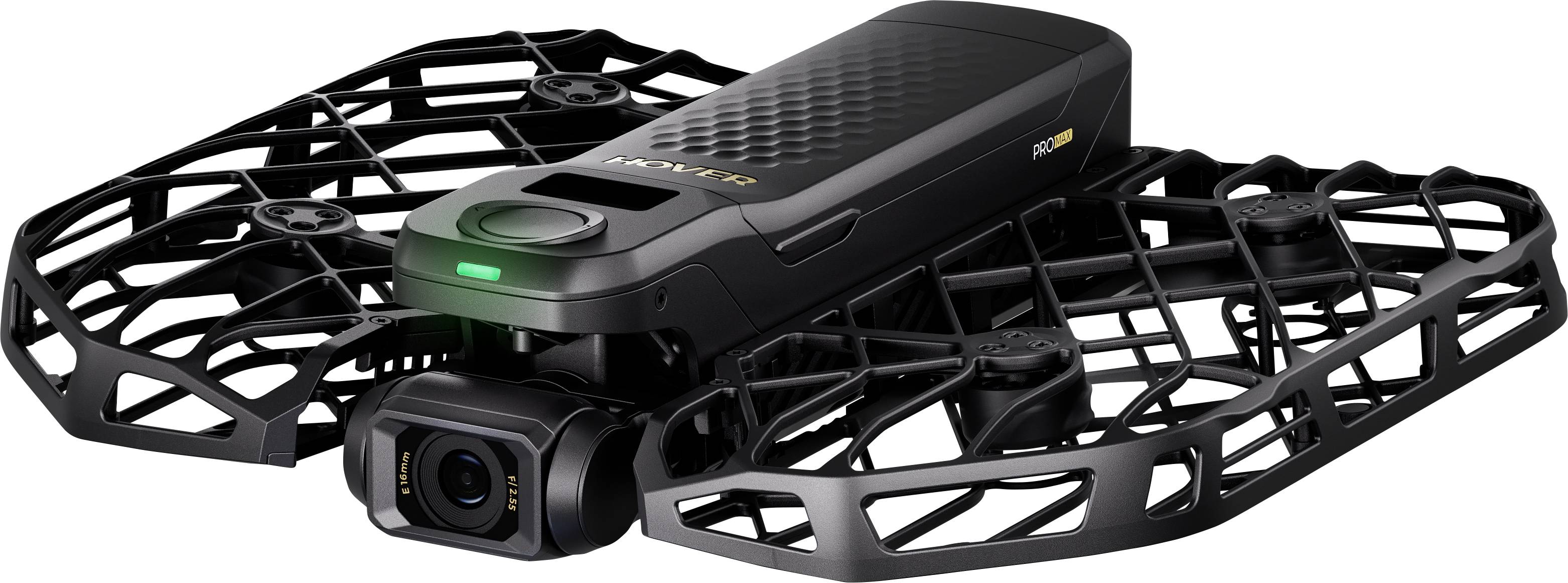 Un drone fotografico compatto con gabbie protettive intorno ai rotori, dotato di una fotocamera anteriore e un design elegante e leggero.