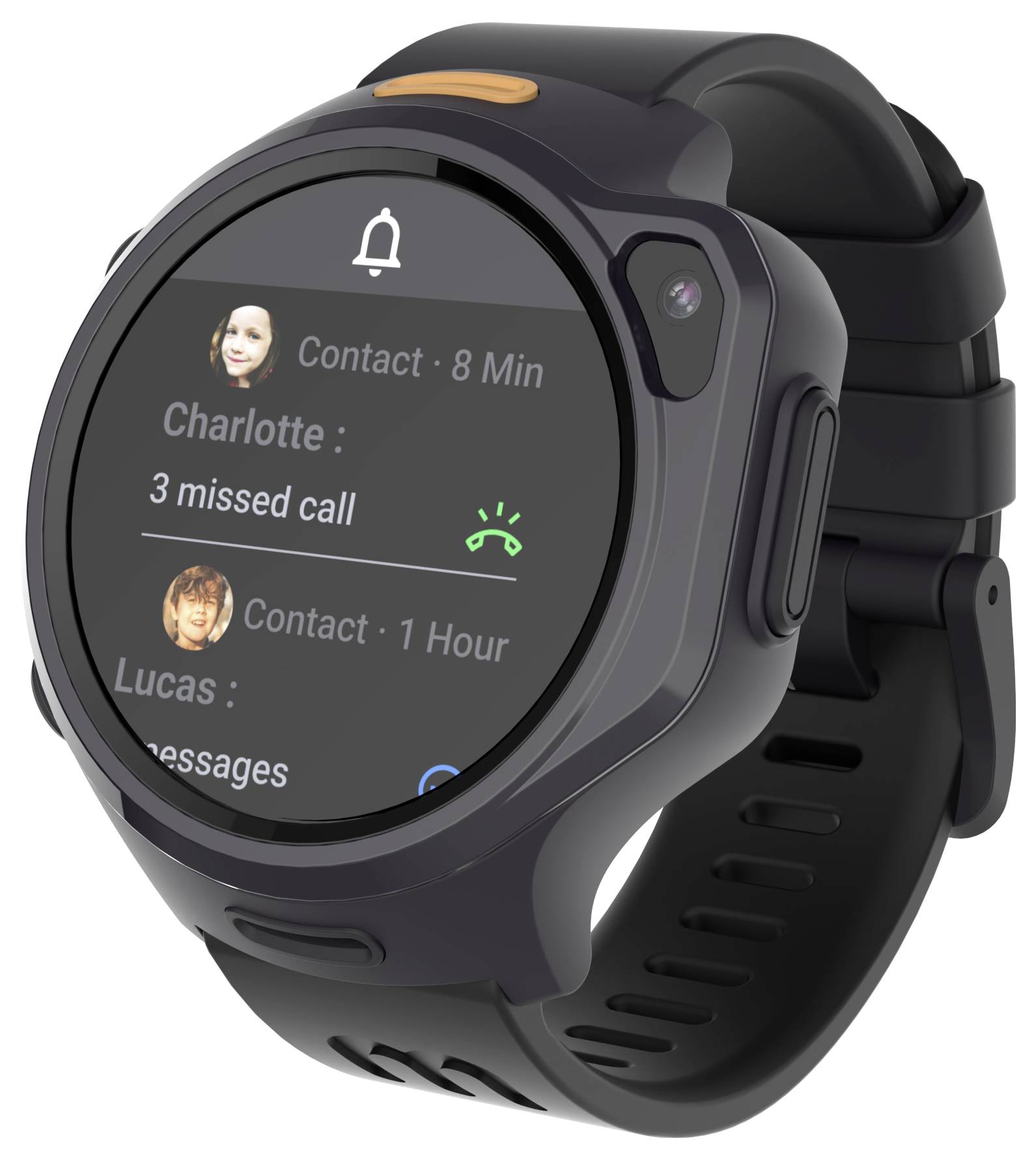 Un display di uno smartwatch mostra chiamate perse da 'Charlotte: 3 chiamate perse' e una notifica di messaggio da 'Lucas: messaggi', con un cinturino nero.