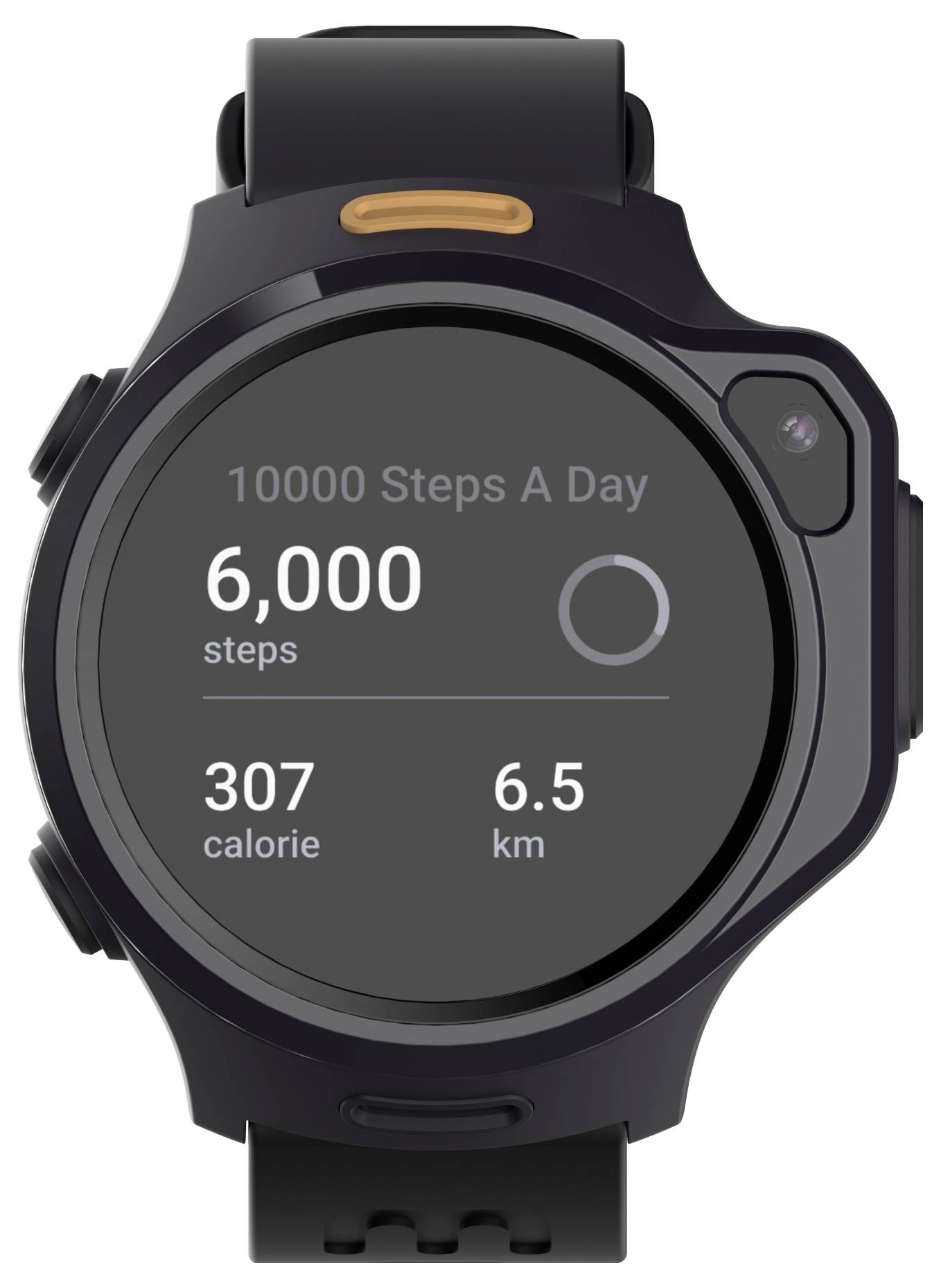 Un display di smartwatch che mostra '6.000 passi', '307 calorie' e '6,5 km' rispetto a un obiettivo di '10.000 passi al giorno'.