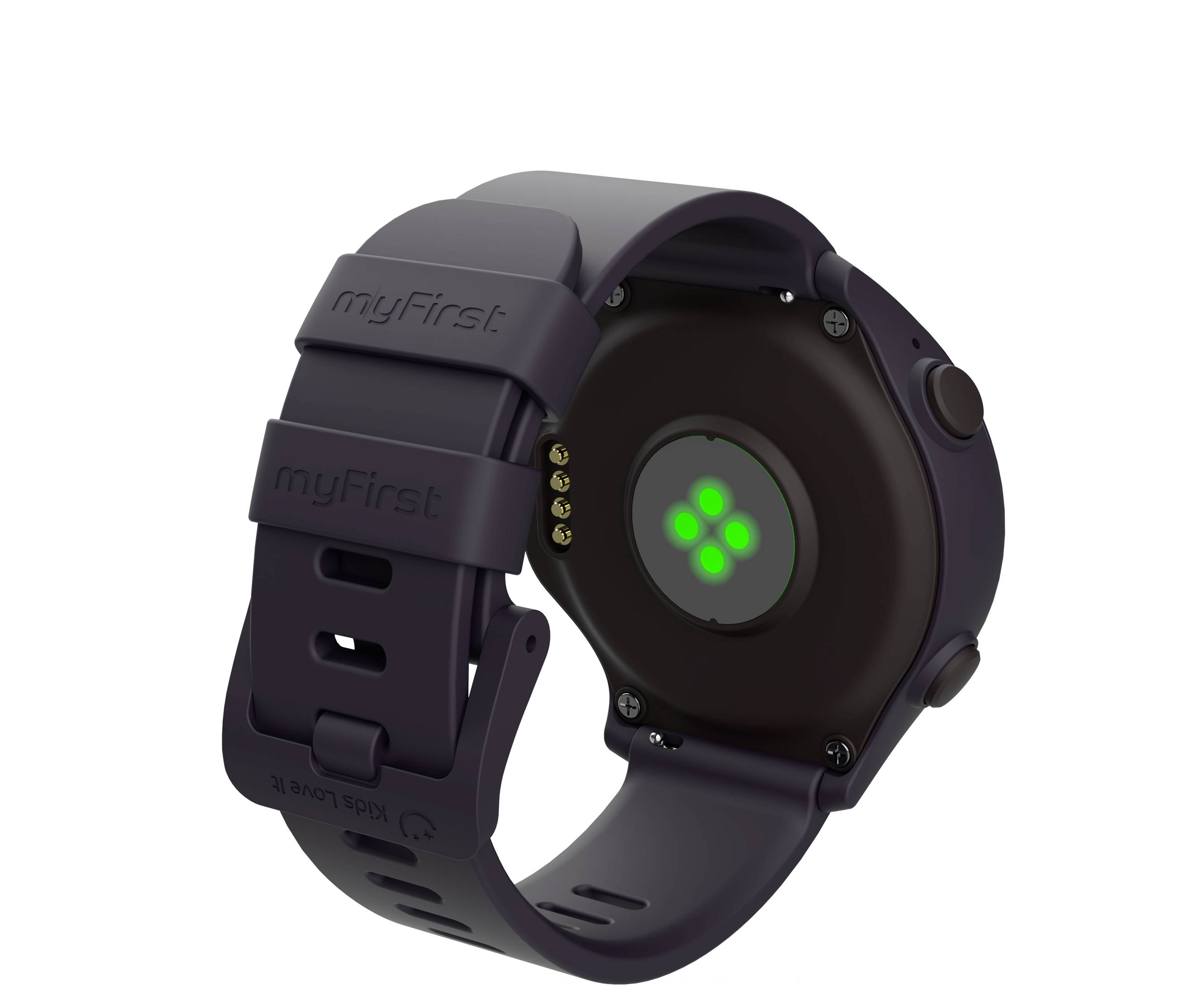 Un orologio intelligente nero che mostra il retro, con 'myFirst' sulla cinghia e una luce del sensore verde illuminata.