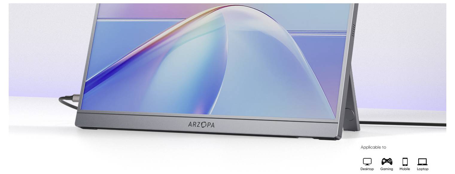 Un monitor portatile ARZOPA elegante che mostra un display colorato, supportato da un piedistallo. Le icone sottostanti suggeriscono applicazioni per desktop, gaming, dispositivi mobili e laptop.