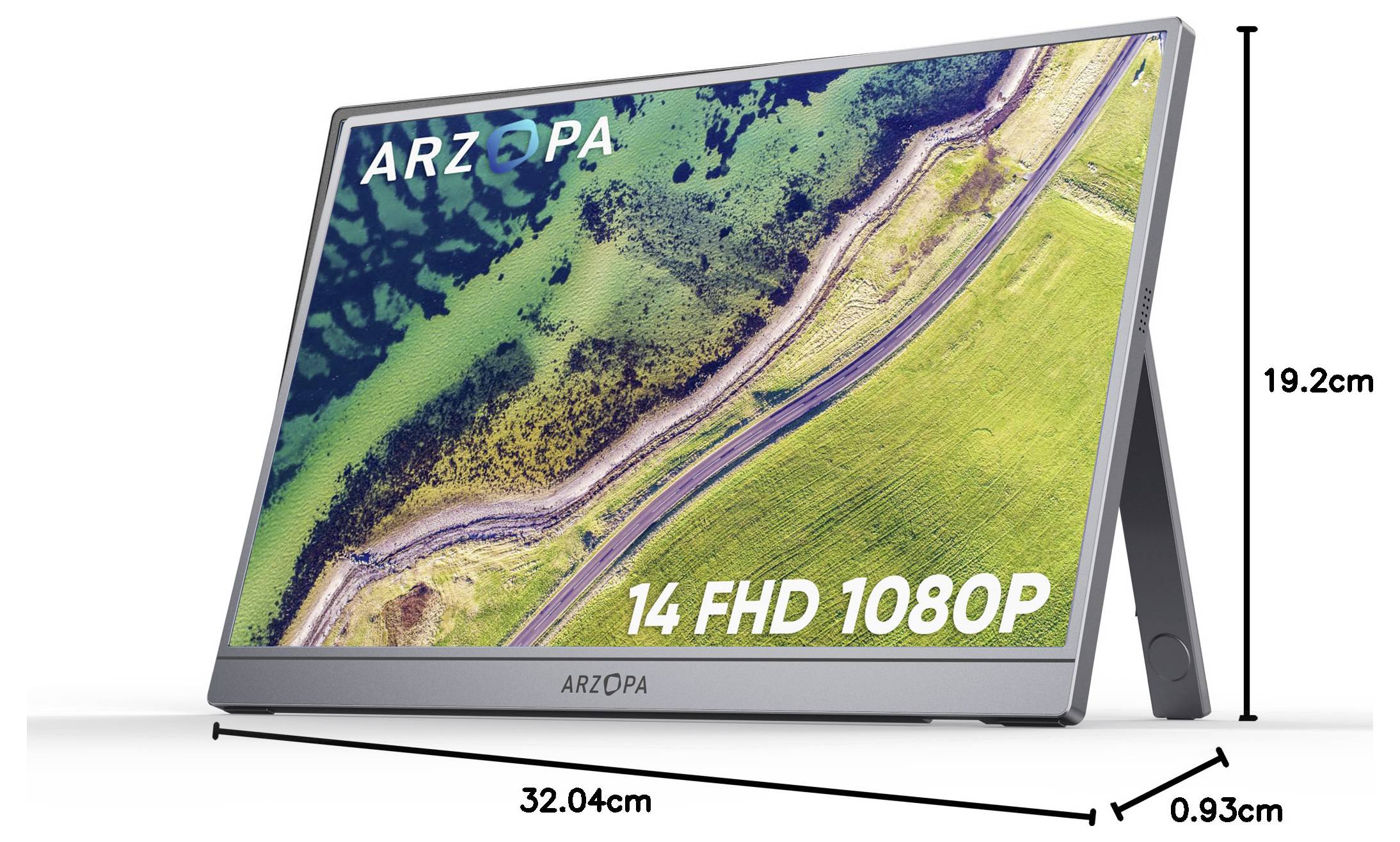Monitor portatile che mostra un vibrante paesaggio aereo con testo '14 FHD 1080P'. Dimensioni: larghezza 32,04 cm, altezza 19,2 cm, profondità 0,93 cm.