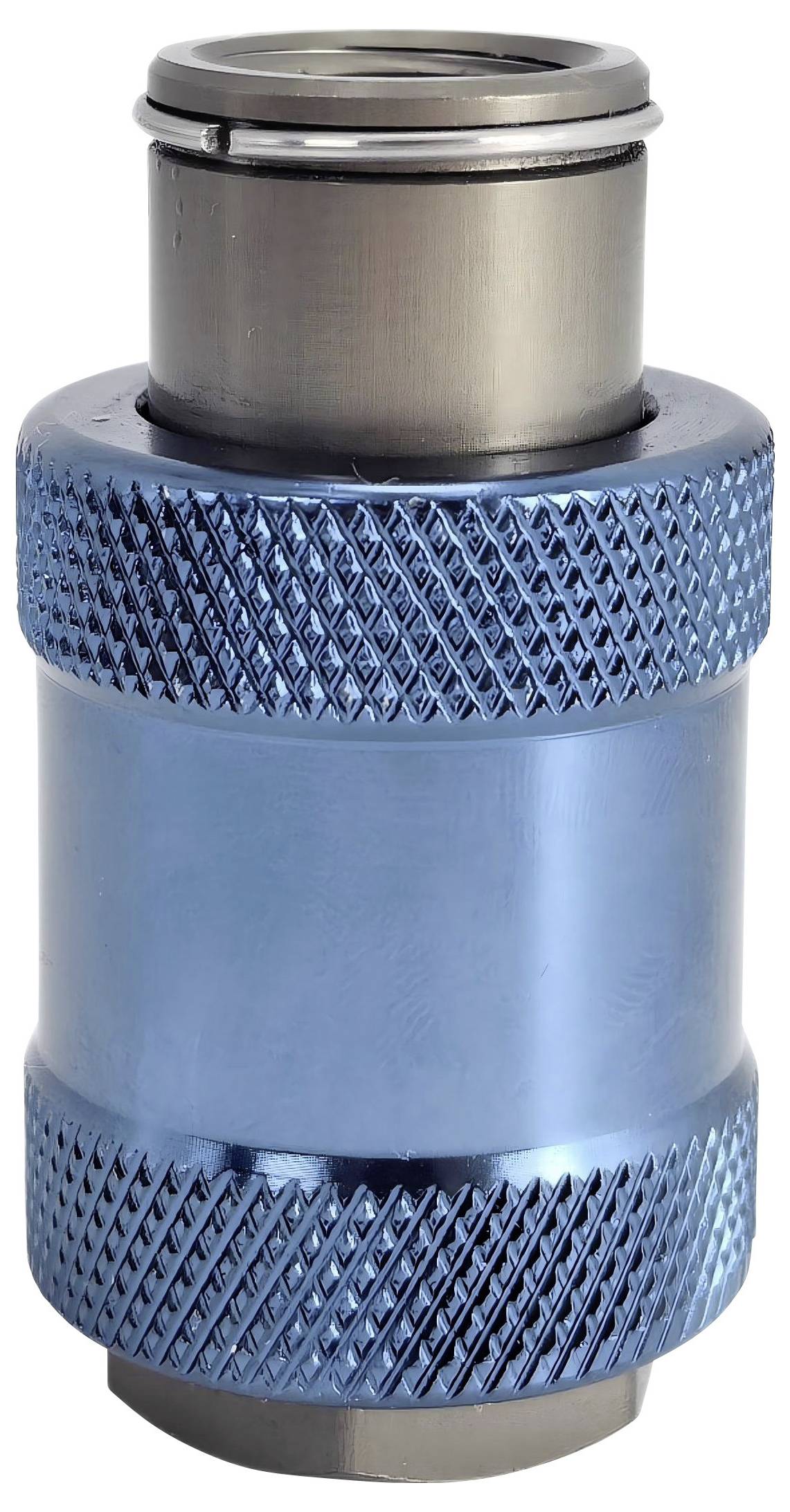 Un raccordo di collegamento rapido metallico blu con impugnatura testurizzata e forma cilindrica, utilizzato per collegare e scollegare facilmente i tubi dei fluidi.