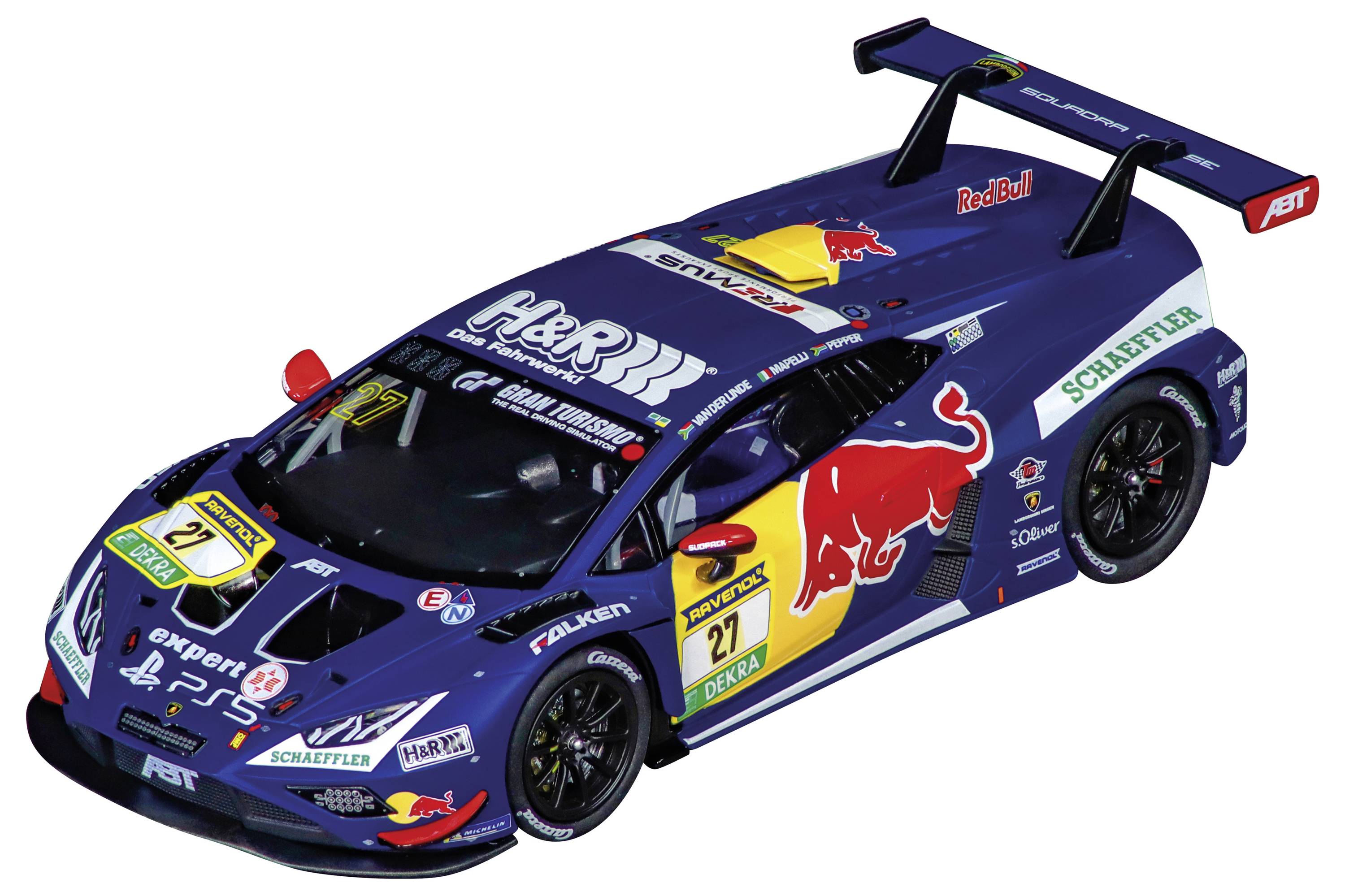 Un'auto da corsa blu con vari loghi di sponsor, tra cui un grande toro rosso sul lato. Il numero 27 è esposto sul cofano e sui lati.