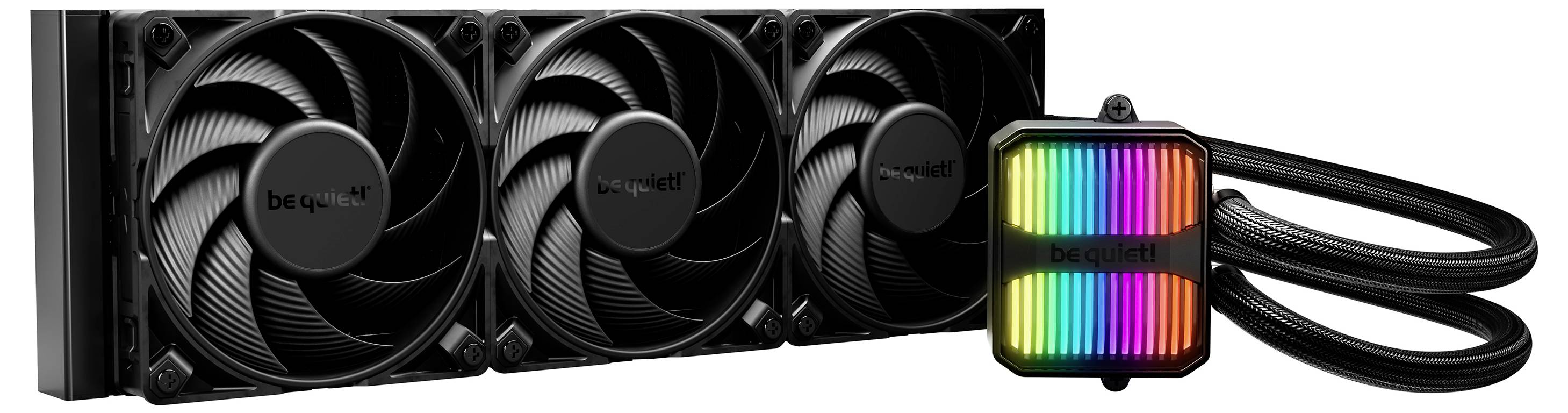 'Sta' zitto!' Dissipatore a liquido per CPU con tre ventole e blocco di raffreddamento illuminato RGB, progettato per sistemi informatici per migliorare la gestione termica.