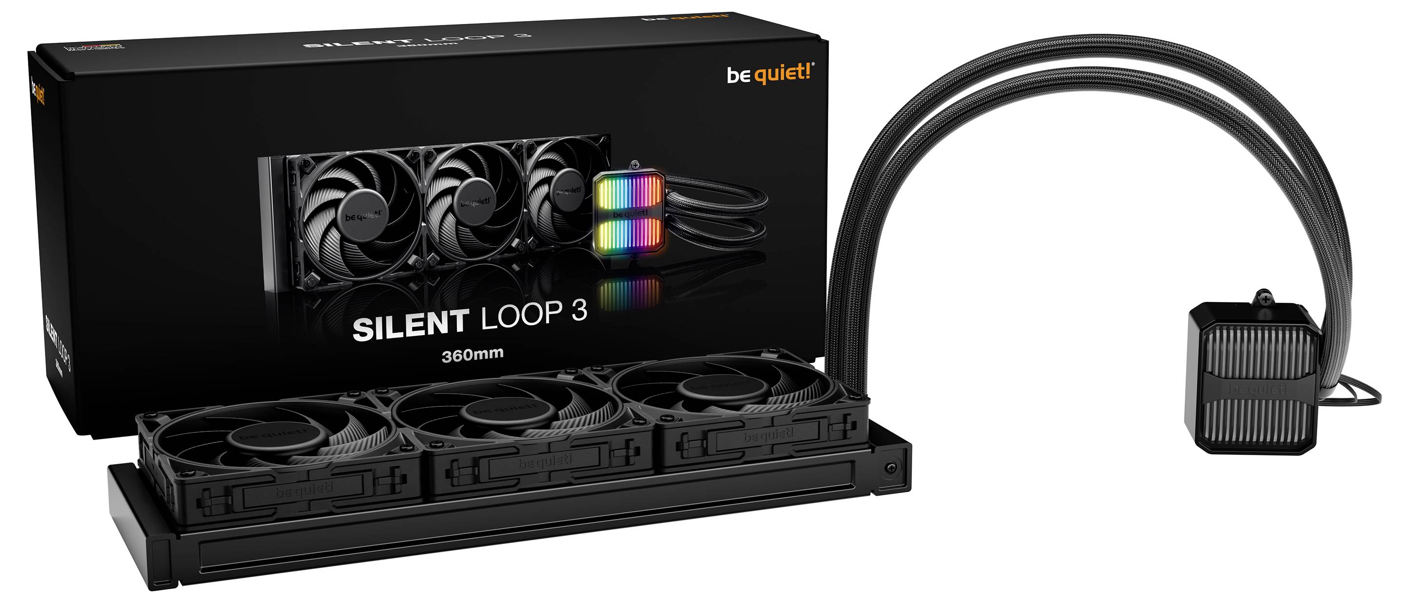"Stai zitto! Silent Loop 3 360mm" confezione del dissipatore a liquido con unità principale dotata di tre ventole, controller RGB e radiatore.