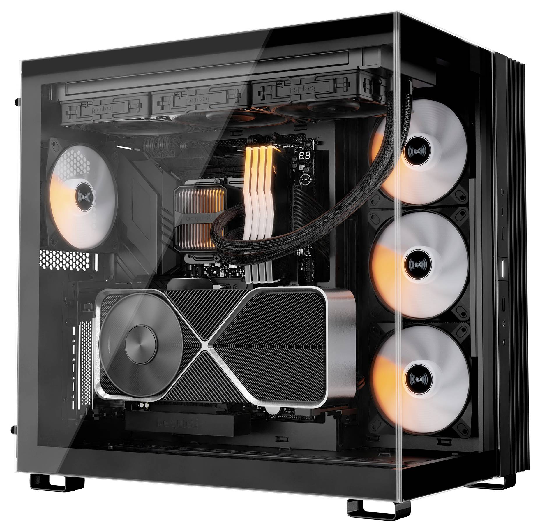 Una torre del computer elegante e trasparente che mostra i componenti interni con ventole illuminate di arancione, una scheda grafica di grandi dimensioni e cablaggi ordinati.