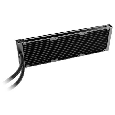 Un radiatore sottile nero per il raffreddamento liquido del computer, con tubi collegati, progettato per una dissipazione termica efficiente dei componenti del PC.