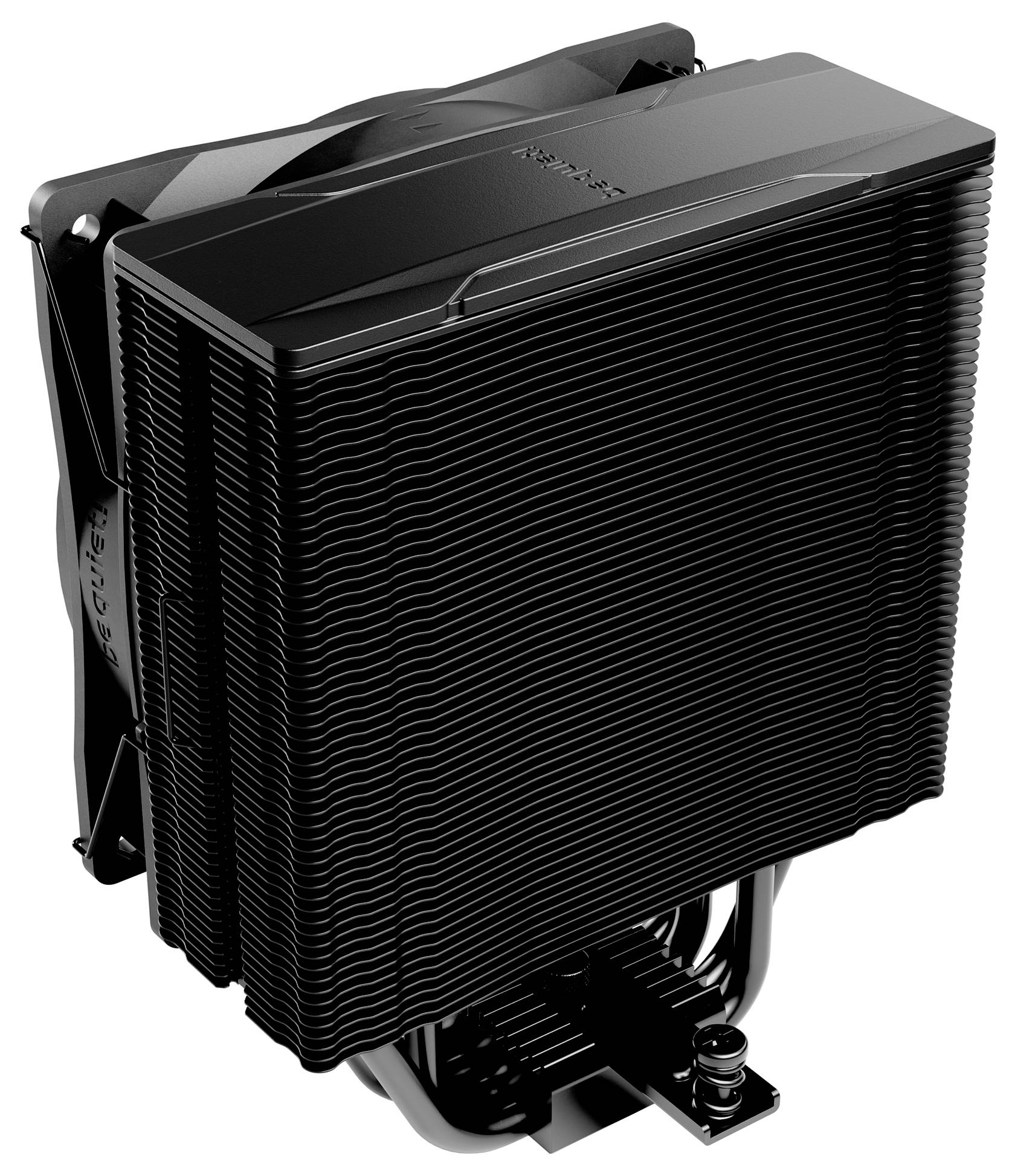 Un grande dissipatore di calore per CPU di colore nero con multiple alette e heat pipe, progettato per una gestione termica efficiente nei sistemi informatici.