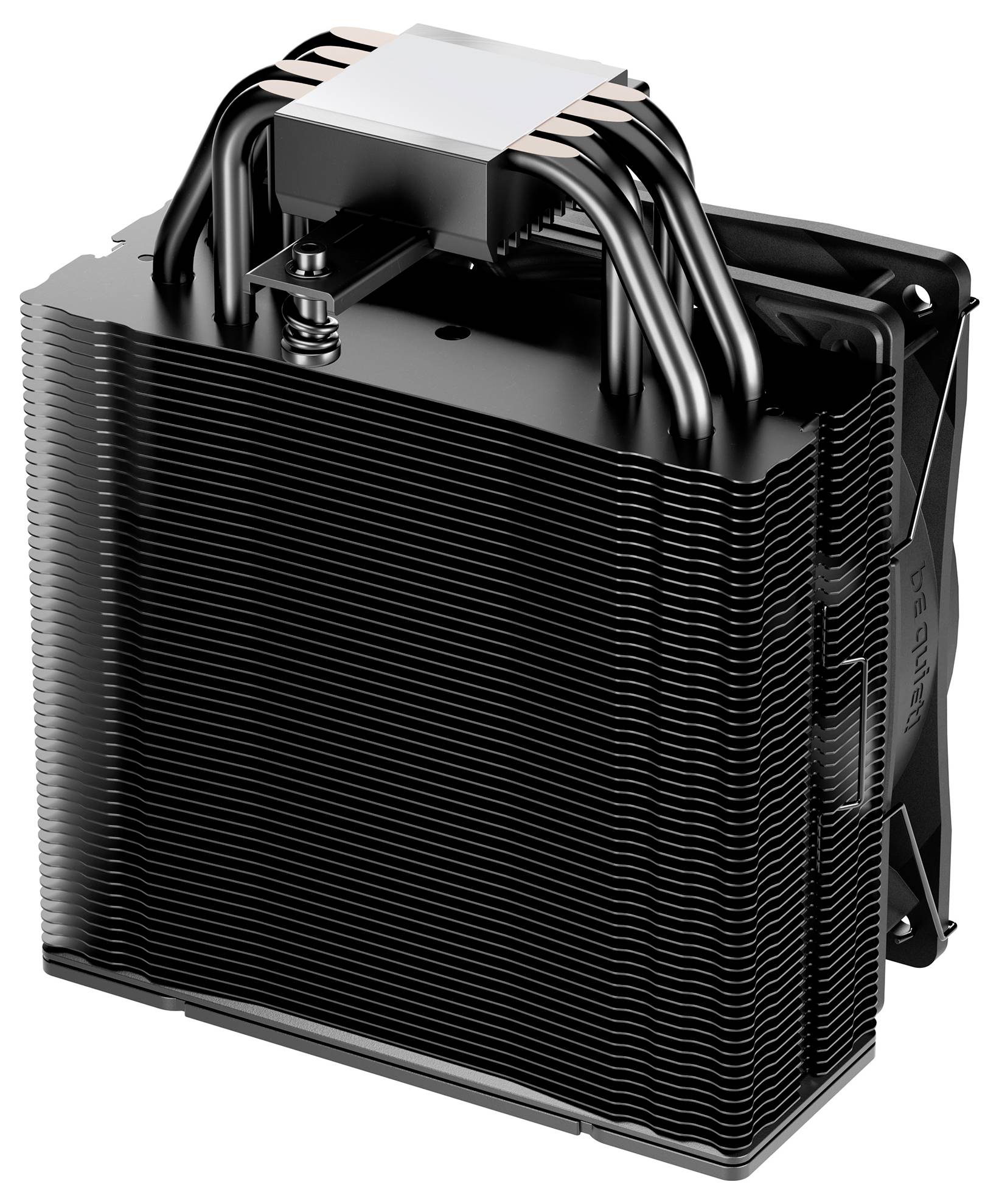 Un grande dissipatore di CPU nero con alette sovrapposte multiple e heat pipe progettato per una gestione termica efficiente nei sistemi informatici.