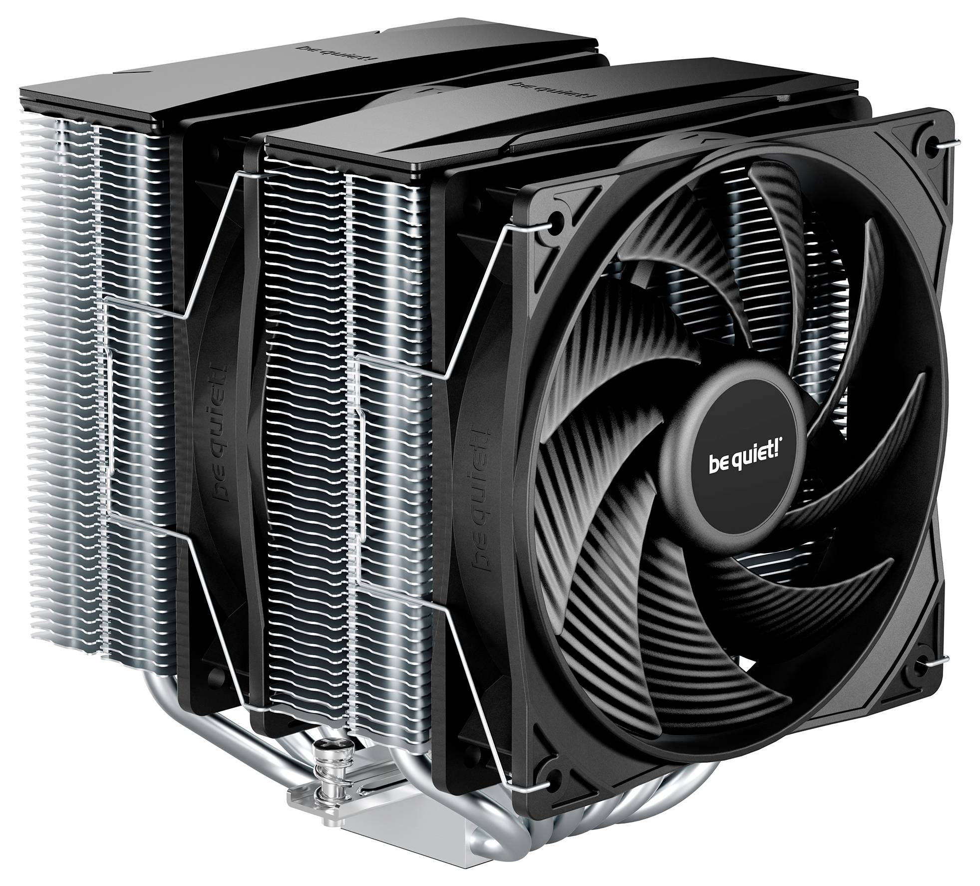 Un dissipatore CPU nero a doppia torre con due ventole etichettate 'be quiet!'. Il dissipatore presenta molteplici heat pipe e un grande dissipatore di calore in alluminio.