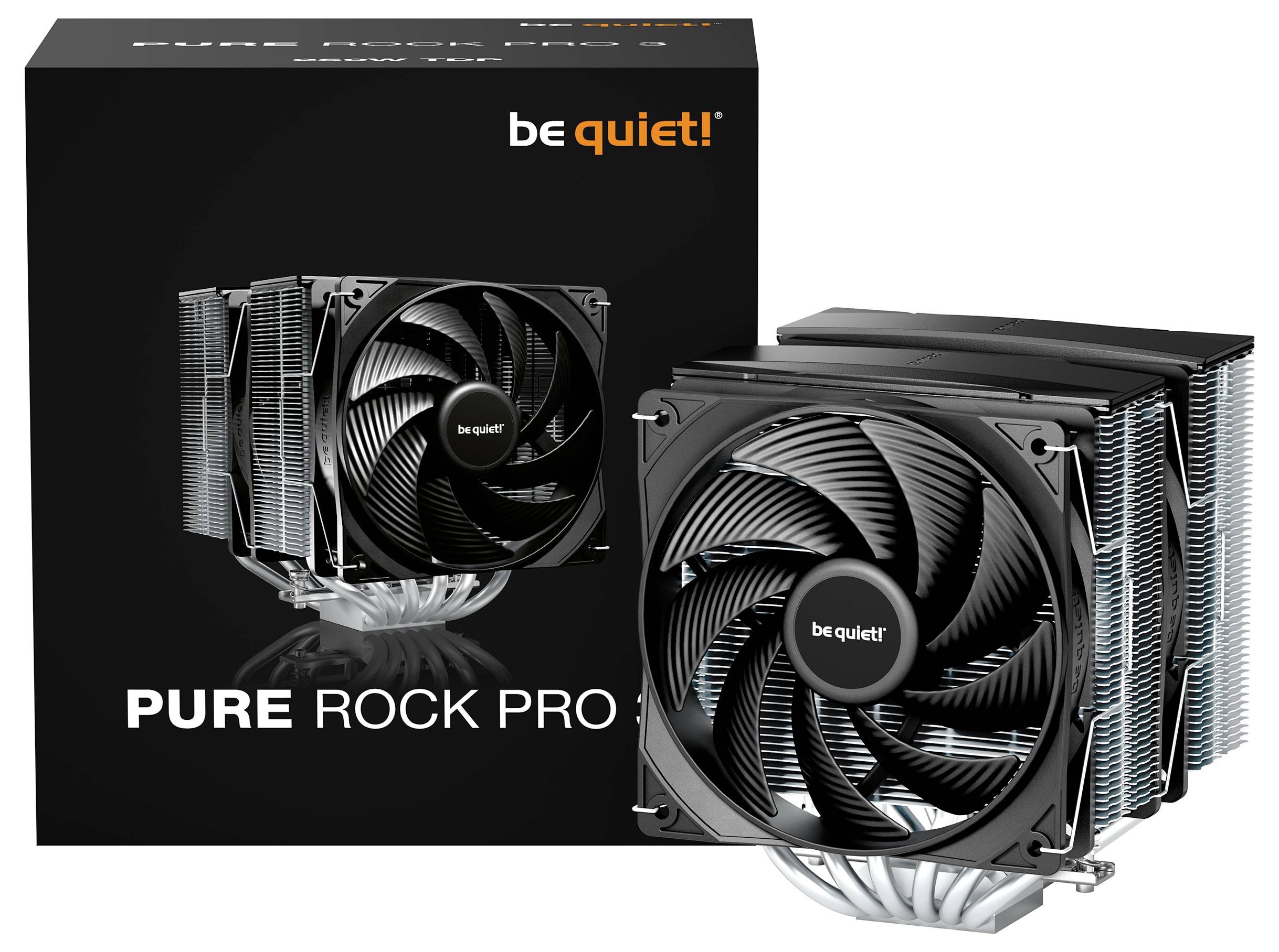 Dissipatore per CPU con doppia ventola 'be quiet! Pure Rock Pro' con pale nere su una base metallica, mostrato con la confezione in un design elegante e moderno.