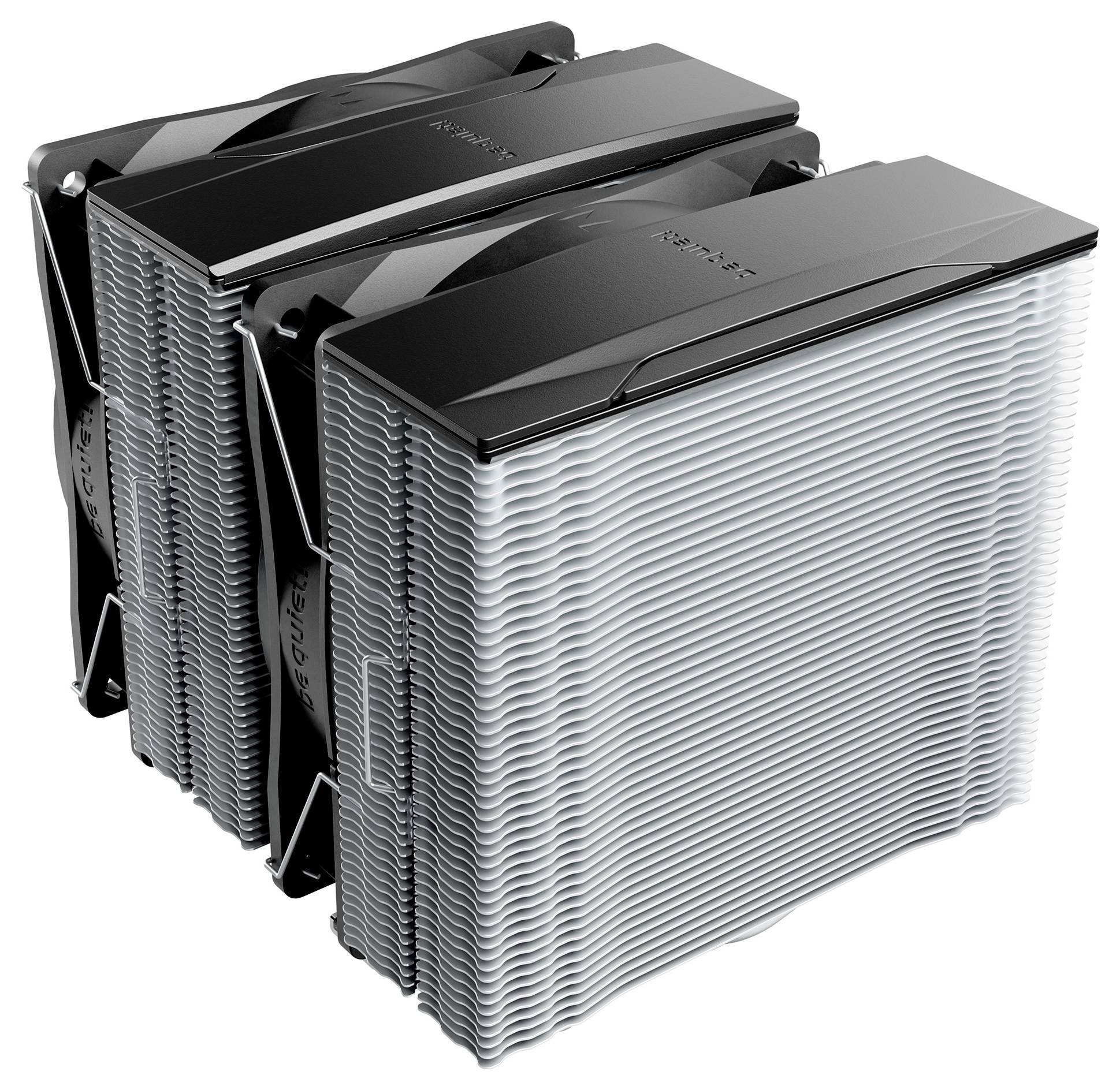 Dissipatore CPU a doppia torre 'Noctua NH-D15' con due ventole nere, grandi dissipatori di calore e un design a lamelle argentate sovrapposte per una dissipazione termica efficiente.