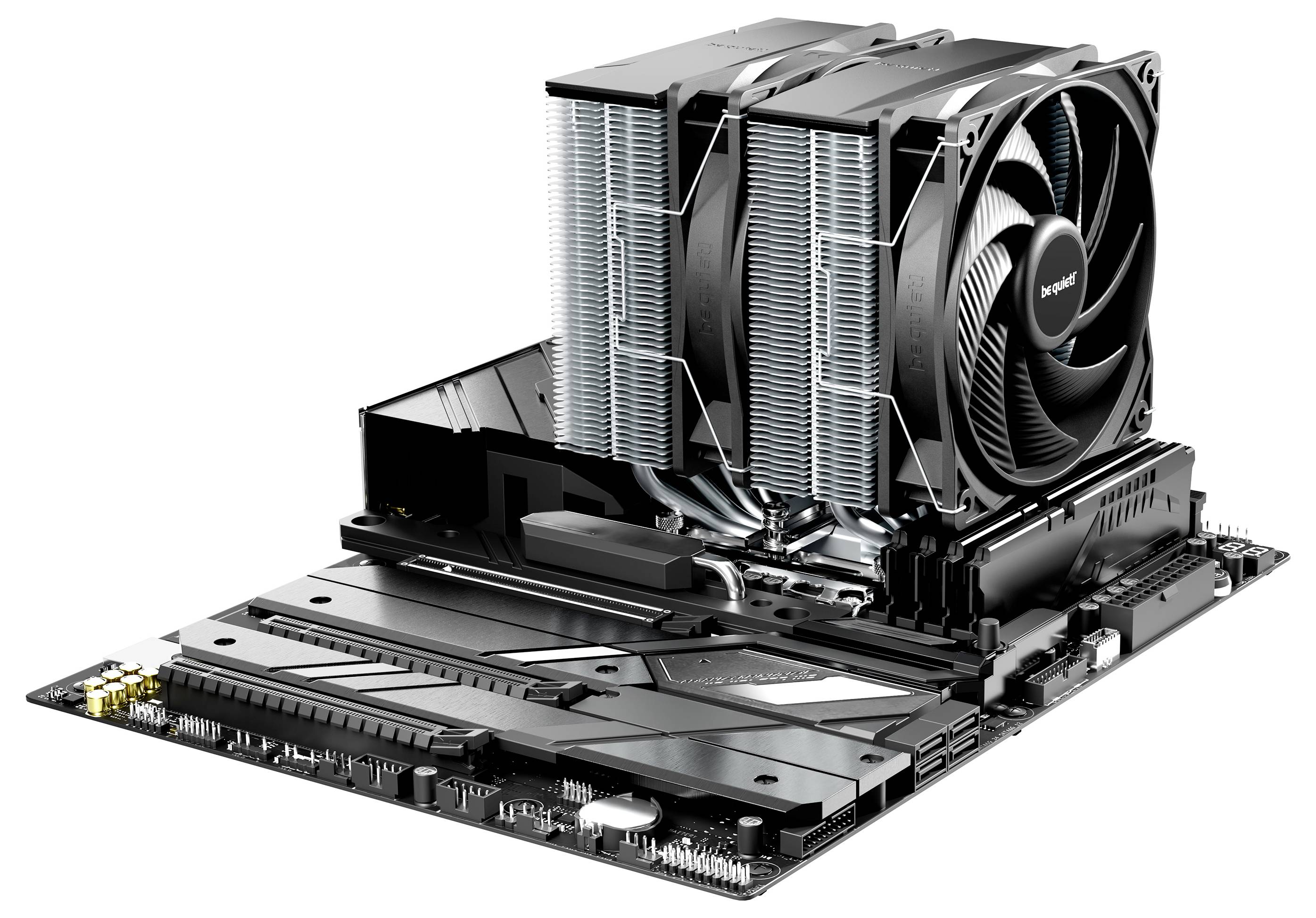 Un grande dissipatore di calore della CPU con un ventilatore è montato su una scheda madre del computer, mostrando il design moderno dell'hardware per un raffreddamento efficiente.