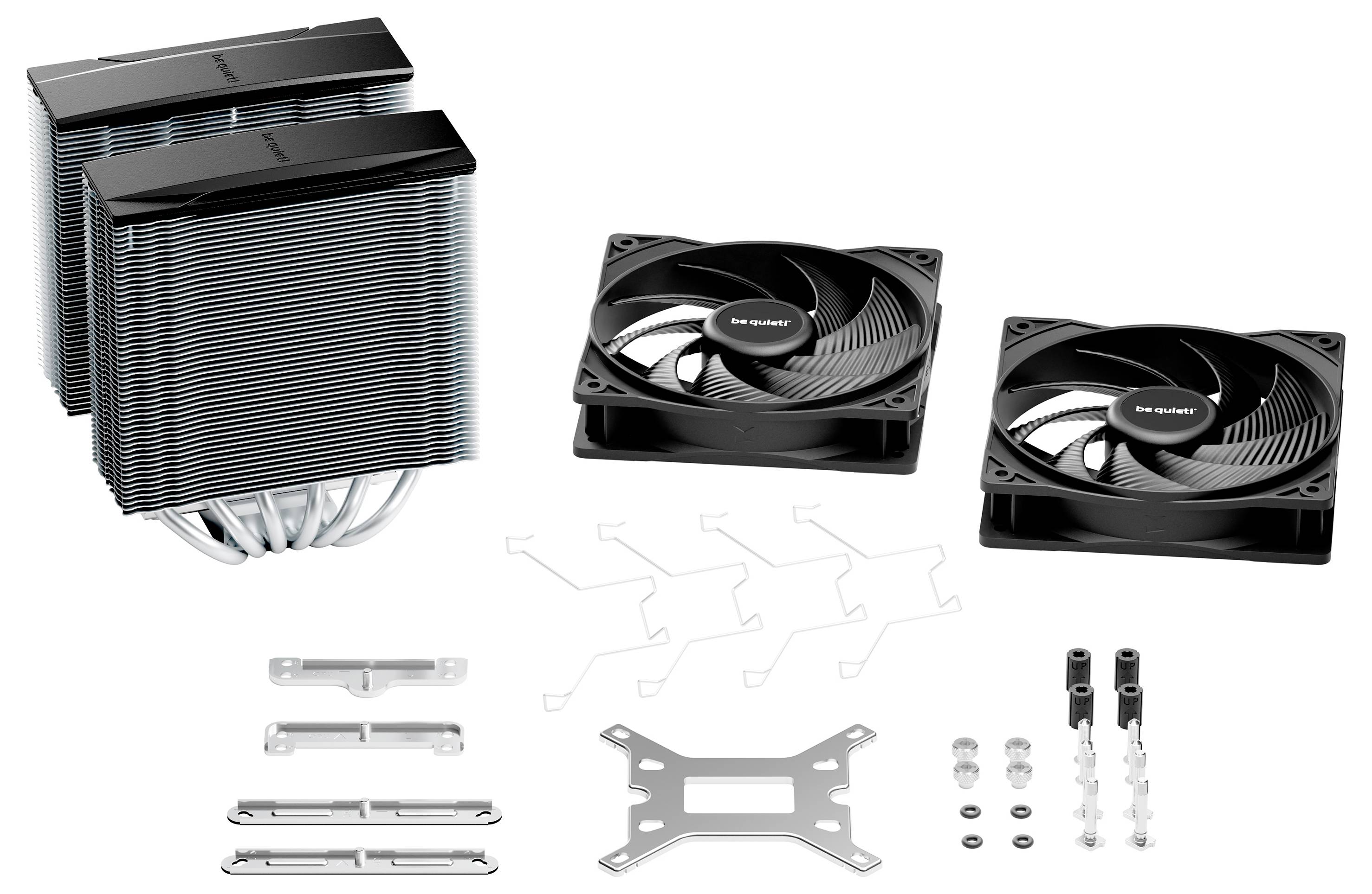 È mostrato un sistema di raffreddamento per CPU del computer, che comprende due dissipatori di calore, due ventole e vari supporti e componenti per l'installazione.