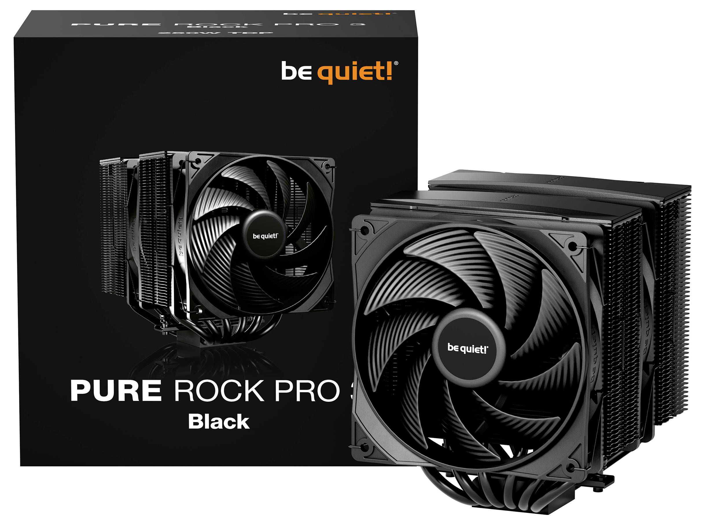 "Silenzio! PURE ROCK PRO 3 Black" raffreddatore CPU raffigurato con il suo imballo. Il raffreddatore presenta ventole e radiatori neri per un raffreddamento efficiente.