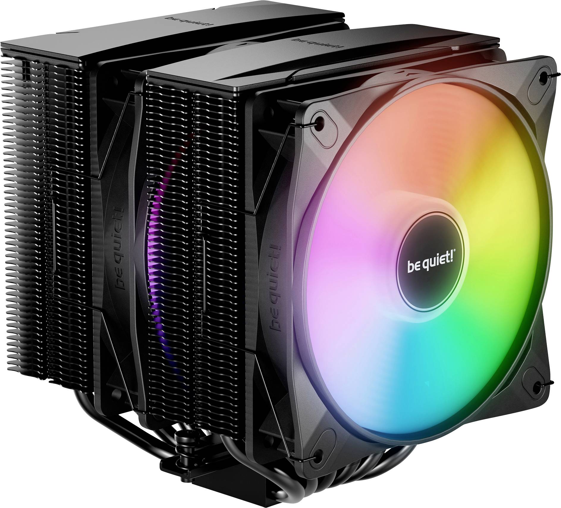 Un dissipatore di calore per CPU a doppia torre con illuminazione RGB del ventilatore e logo 'be quiet!' è mostrato, evidenziando il suo design e le capacità di raffreddamento.