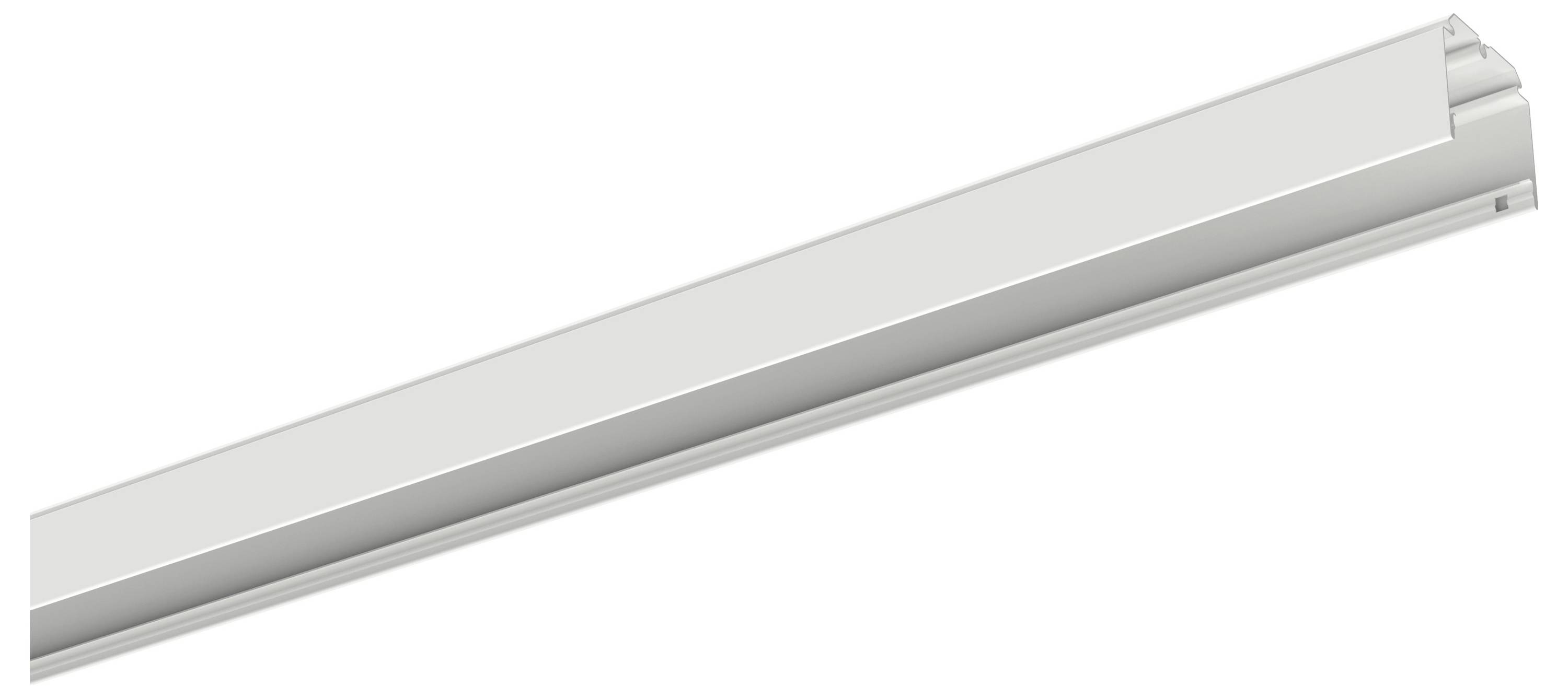 Un apparecchio di illuminazione rettangolare in metallo montato contro un soffitto bianco, che mostra i cavi esposti e le staffe all'estremità più lontana.