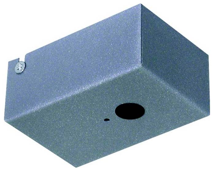 Scatola di giunzione in metallo rettangolare con due aperture circolari.