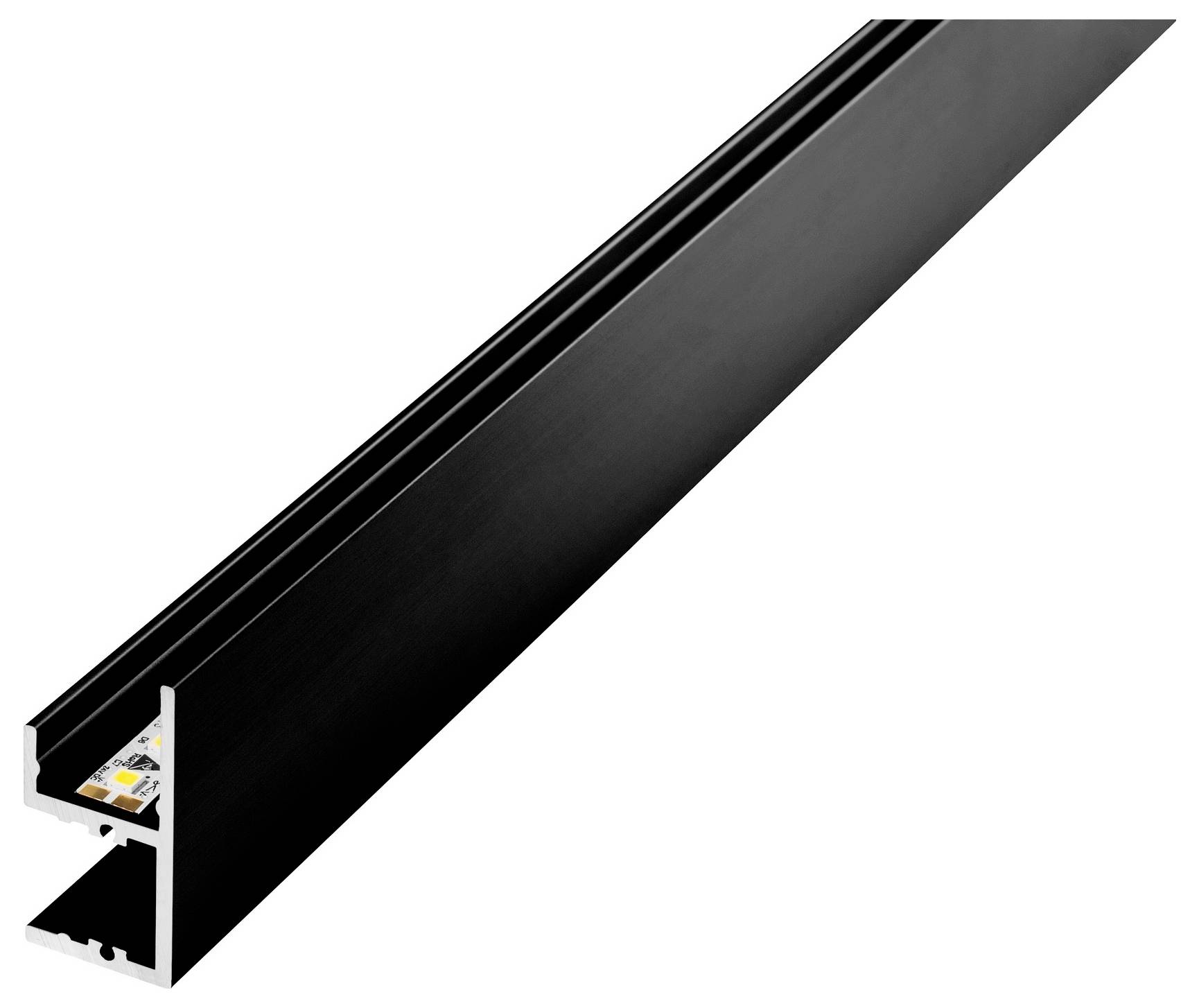 Un profilo in alluminio nero con un canale interno, adatto ad alloggiare strisce LED, mostrato in una vista prospettica laterale.