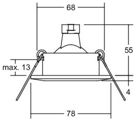 Disegno tecnico di un apparecchio di illuminazione incassato che mostra la vista laterale con dimensioni: 68, 55, 78, 4, e max. 13.