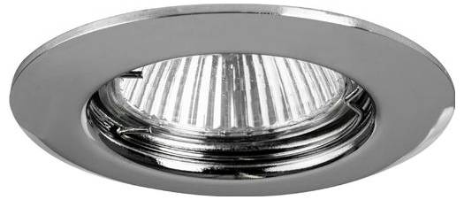 Un apparecchio di illuminazione da incasso a soffitto con bordo metallico argentato e lampadina visibile, progettato per l'illuminazione interna.
