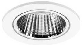 Faretto da incasso rotondo con cornice bianca e griglia interna riflettente color argento.