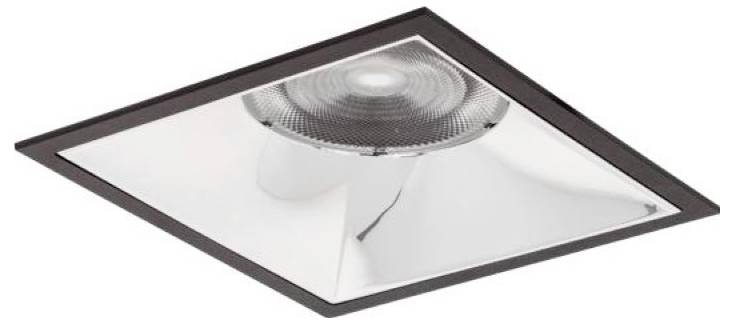 Luce da incasso a soffitto quadrata con trim riflettente e lente circolare centrale.