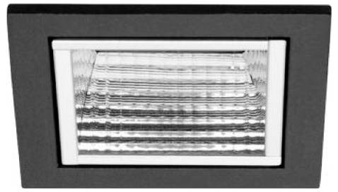 Apparecchio di illuminazione da incasso rettangolare nero con lente striata opaca.