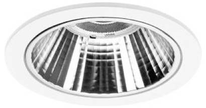Luce da incasso a soffitto tonda con interno riflettente argento e apertura centrale scura.