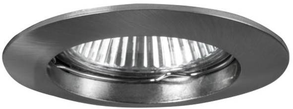 Un faretto da incasso a soffitto in argento con finitura in metallo spazzolato e copertura in vetro trasparente, adatto all'illuminazione d'interni moderna.