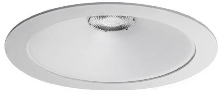 Apparecchio di illuminazione da incasso a soffitto di forma rotonda bianca con lampada centrale.