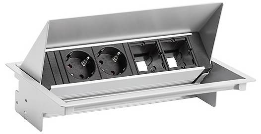 Un modulo di presa di corrente da scrivania con due prese di alimentazione e due porte di rete, progettato per l'integrazione negli arredi da ufficio per la connettività.