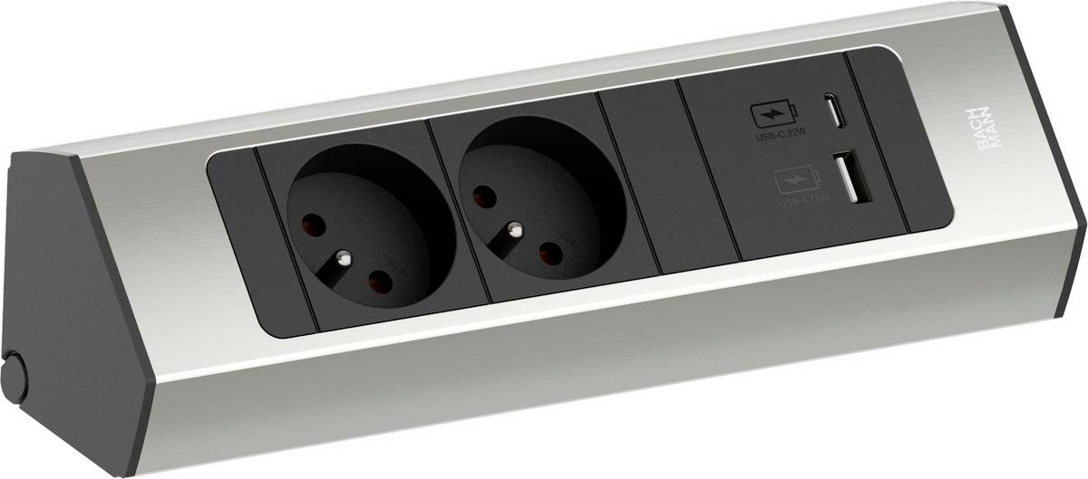 Ciabatta da scrivania con due prese di tipo europeo e due porte di ricarica USB in un alloggiamento argentato angolato