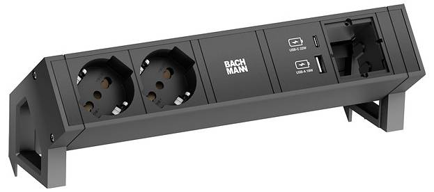 Ciabatta 'BACHMANN' con due prese europee, una presa universale e due porte USB per la ricarica, il tutto montato su un supporto nero.