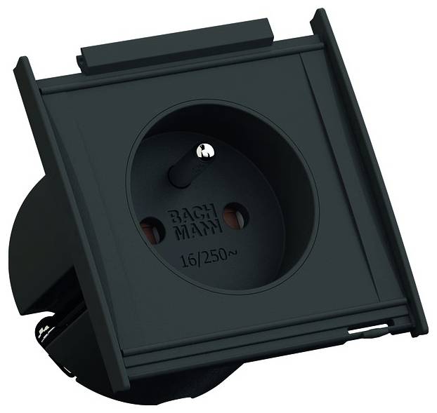 Una presa elettrica nera con un singolo alloggiamento rotondo, contrassegnata '16/250', prodotta da Bachmann, progettata per essere installata in un pannello o su una superficie.