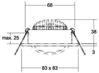 Disegno tecnico di una plafoniera incassata con clip a molla, che mostra le dimensioni 68, 38, max. 25, 3 e 83 x 83.